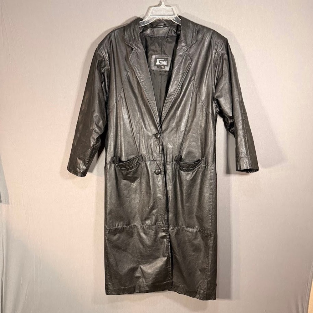 Comint Vintage Black Leather Trench Coat Jacket Womens L 90s Matrix Grunge Goth